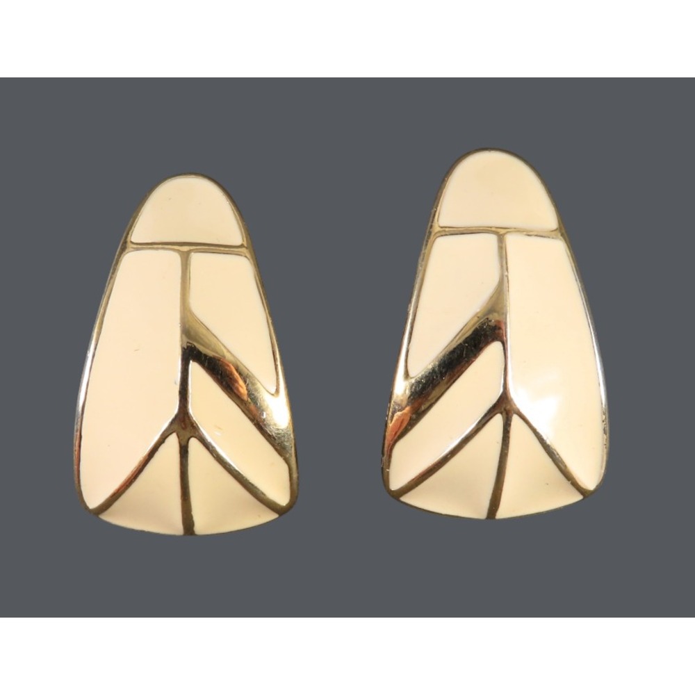 Vintage TRIFARI EARRINGS Ivory Enamel GOLD TONE Space Age Avant Garde CURVED